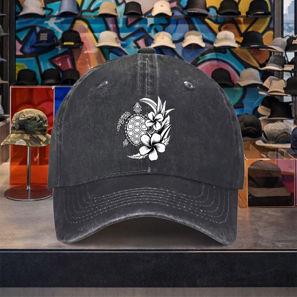 Sea Turtle Floral Washed Baseball Cap Adjustable Cotton Outdoor Casual Unisex Adult Hat