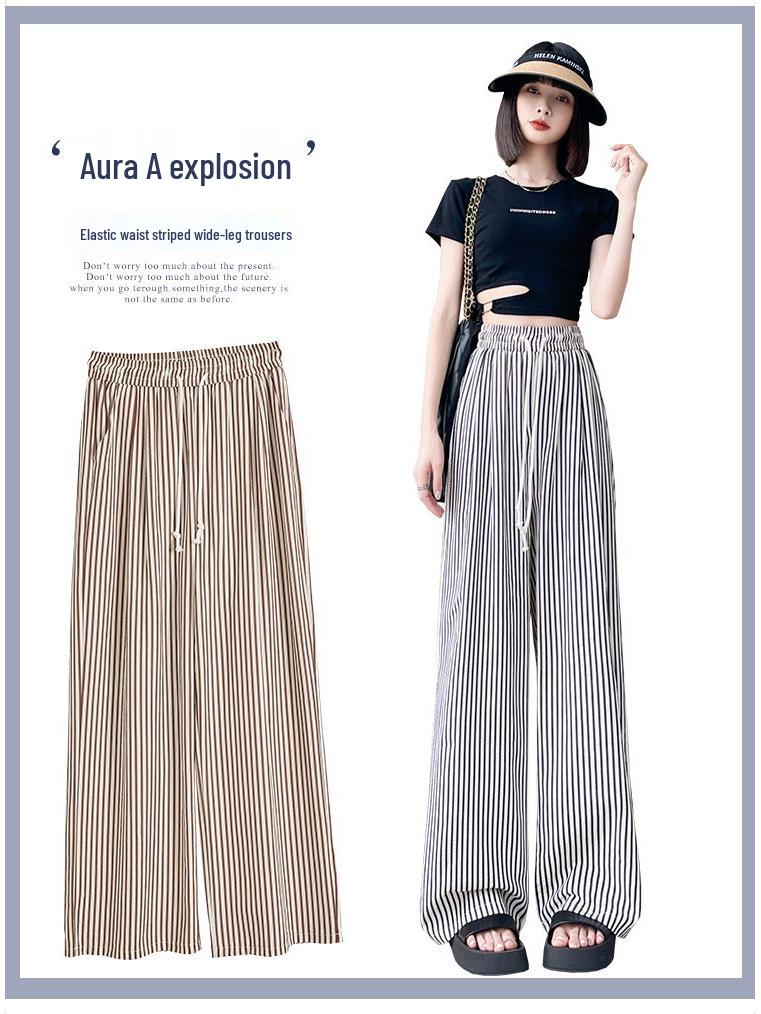 Women's High-Waisted Black & White Striped Wide-Leg Pants - Summer Casual Straight-Leg Trousers.