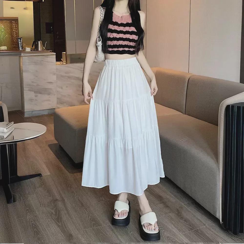 2025 Women's High-Waist A-Line White Skirt: Spring/Summer Korean Style with Elastic Waist