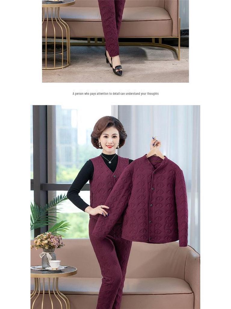 Women's Winter 3-Piece Set: Silk Cotton Coat & Outerwear for Middle-Aged