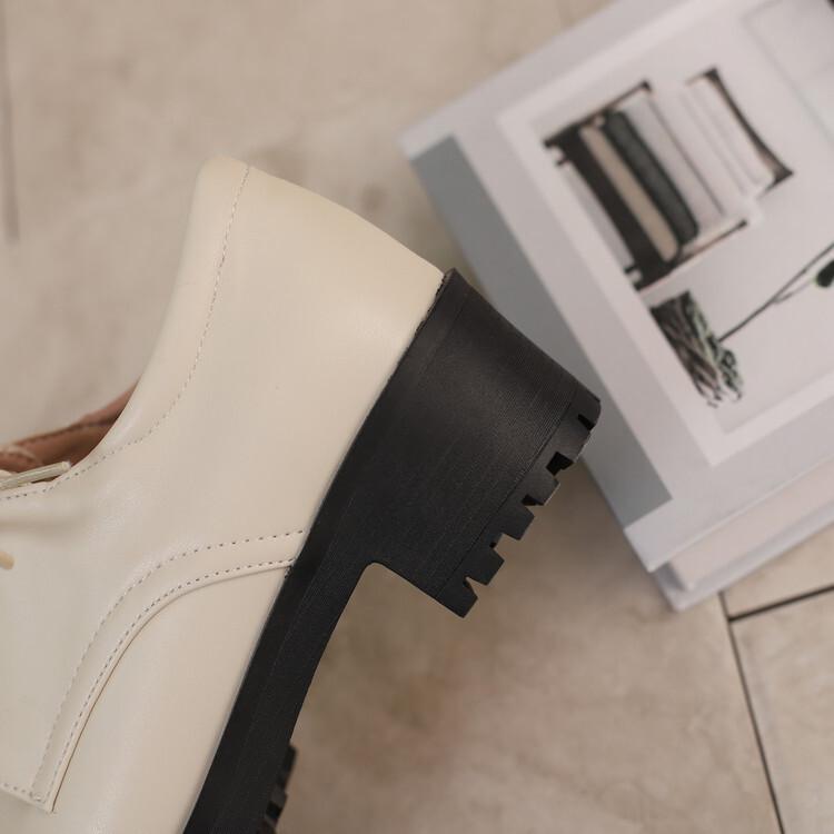 British Style Small Leather Shoes Spring and Autumn Black Platform Thick Heel Middle Heel Front Lace-up  Shoes Casual  High Heels