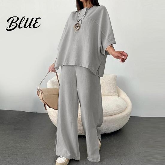 Comfortable Polyester Outfit Women's Two-Piece Oversized 3/4 Sleeve Pullover Top And Autumn Fashion Set Wide Leg Pants Fall Casual Loose Lounge
