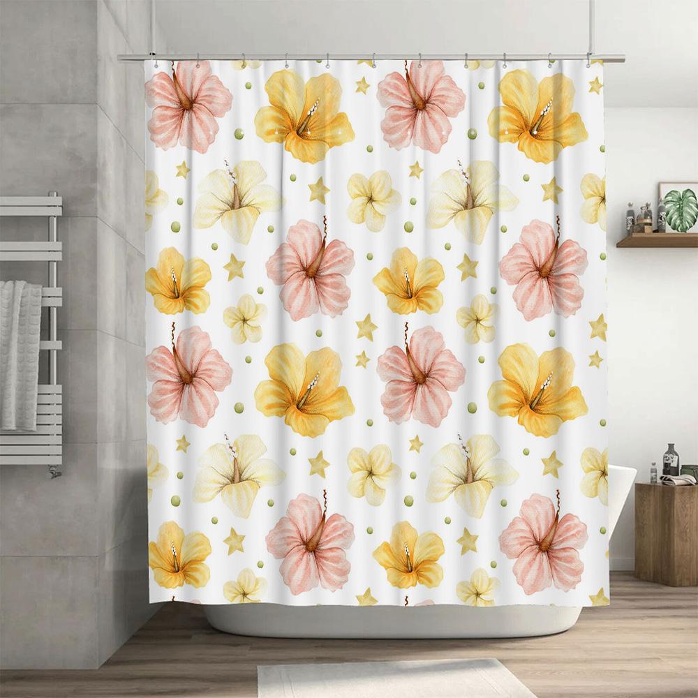 Floral Bathroom Decor Shower Curtain Waterproof Fabric with Vibrant Hibiscus Design Pink Yellow Color Scheme for Bath Decoration