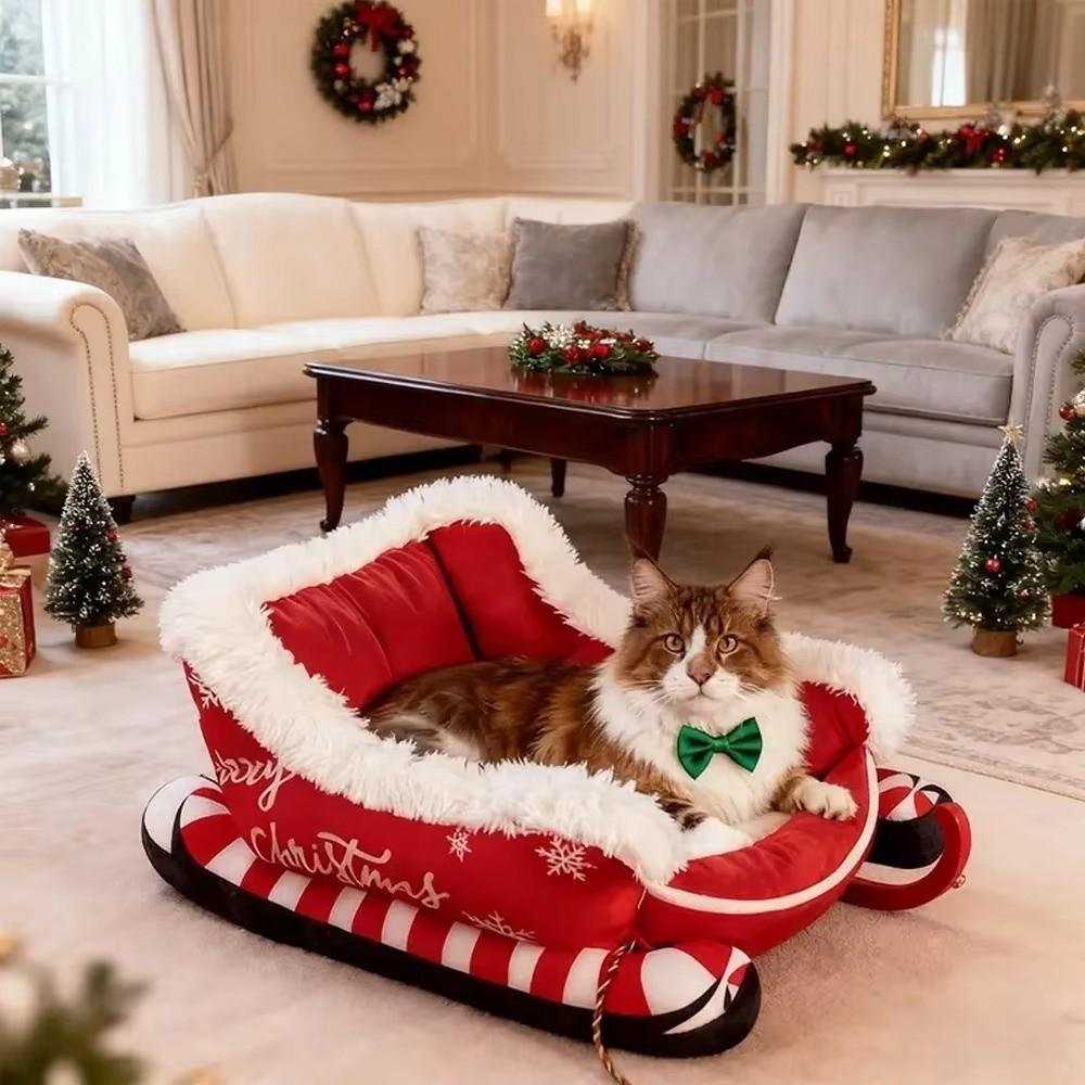 Bite Resistant Christmas Sleigh Pet Bed Reindeer Shape Xmas Sleigh Cat Nest  Holiday Gift