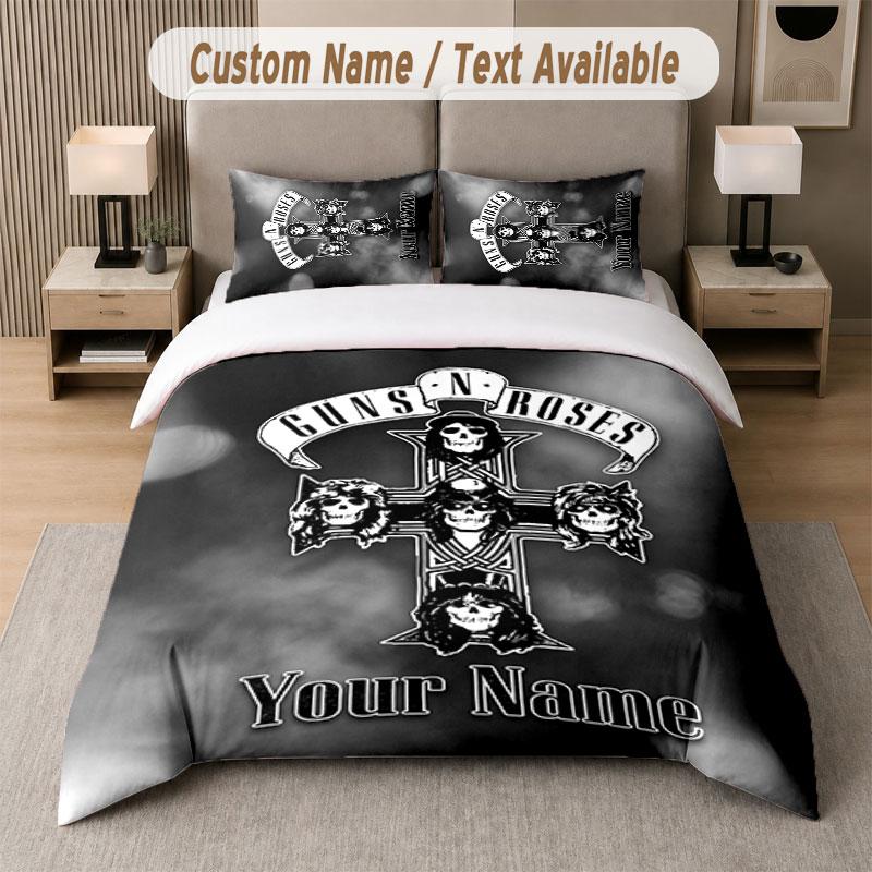 Custom Bedding Set Guns N’ Roses Pattern, Print Name Text 1 Duvet Cover plus 2 Pillowcases Home Textile
