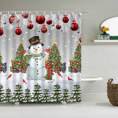 Christmas Shower Curtain Winter Snowman Snowflake Christmas Tree Red Truck Bell Red Bird Colorful Christmas Ball Bathroom Deco