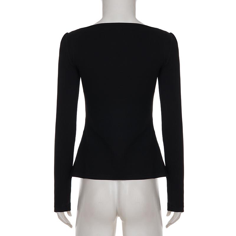 French Color Block Pleated Square Neck Long Sleeve A-line Top with Lace-up Waist for Autumn/Winter