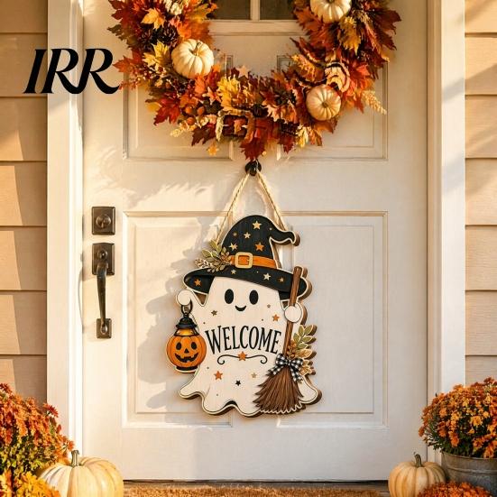 Indoor Outdoor Holiday Sign Black Cat Ghost Door Sign, Halloween Decorative Plaque, Wooden Hanging Craft Decorations Vintage Rustic Decor with