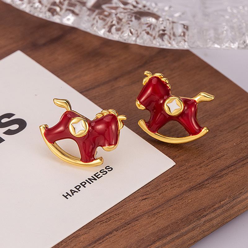 Exquisite Year of the Horse Red Glaze Rocking Horse Stud Earrings for Women – Unique, High-End Ear Jewelry