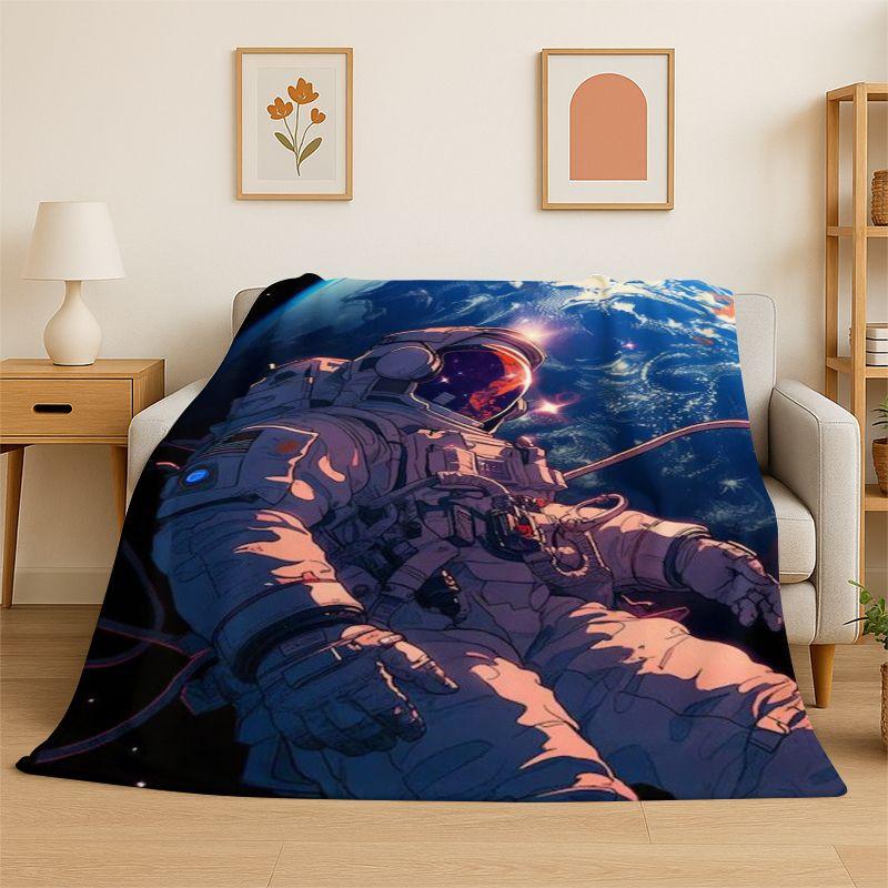 Cartoon Astronaut Spaceman Planet Flannel Blanket Soft Throw Blanket for Bedroom Living Room Bed Travel Camping Nap Cover Gift