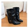 Large tube circumference locomotive women's trousers new versatile pointed boots retro belt leather boots thick heel buckle fashion no