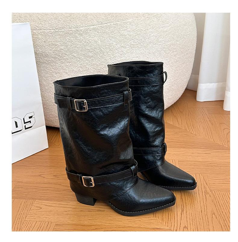 Large tube circumference locomotive women's trousers new versatile pointed boots retro belt leather boots thick heel buckle fashion no
