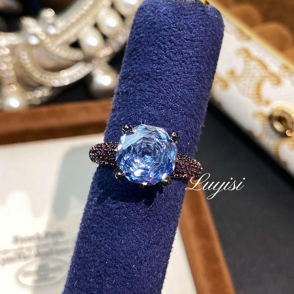 Octagonal Millennium Rose Cut Aquamarine & Purple Diamond Black Gold Ring