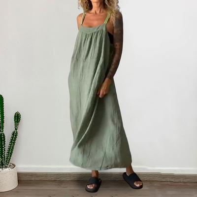 Women Summer Suspender Dress Low-cut Sleeveless Backless A-line Bohemian Style Pure Color