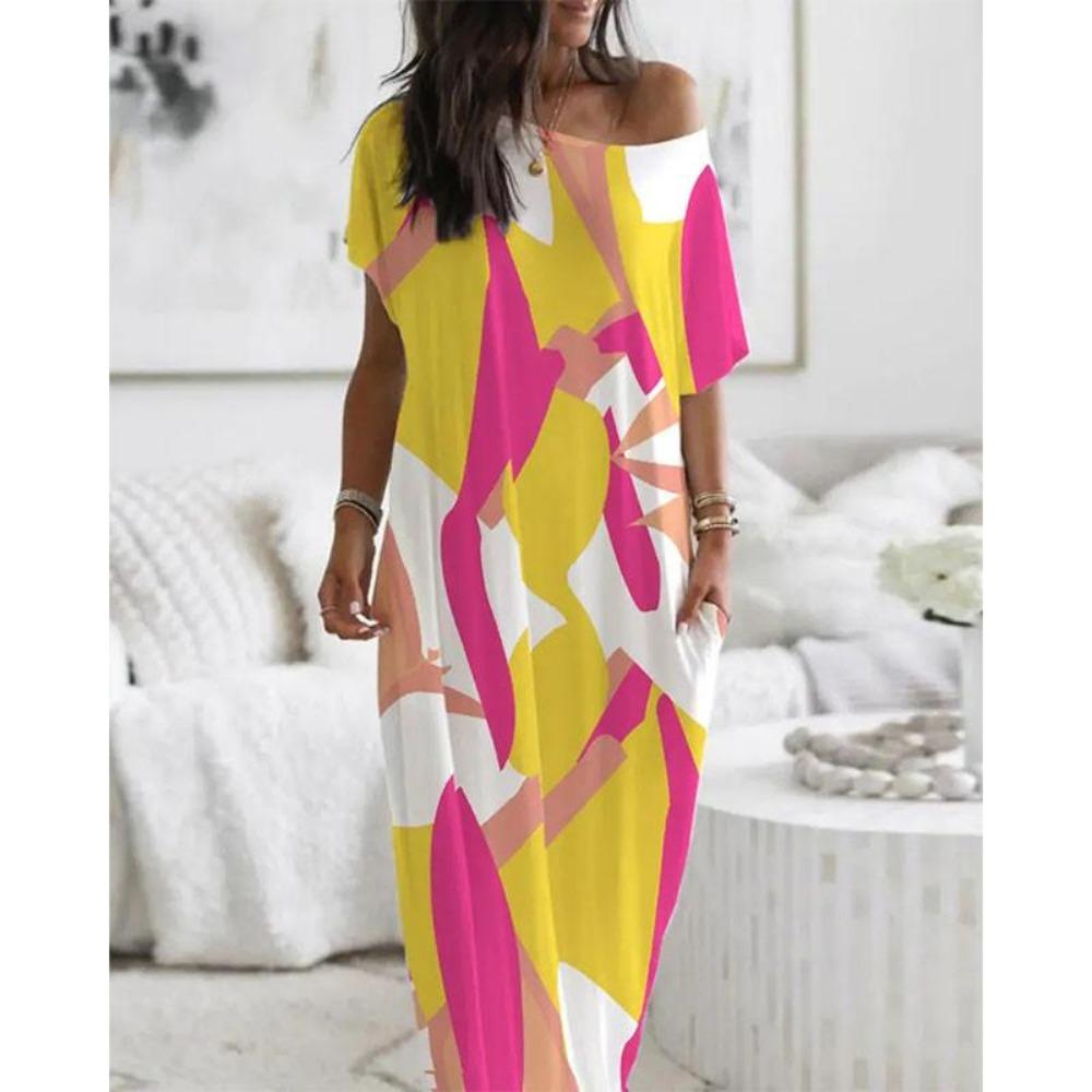 2024 Summer New European and American Women's Fashion Round Neck Short Sleeves Printing Loose Long Dress