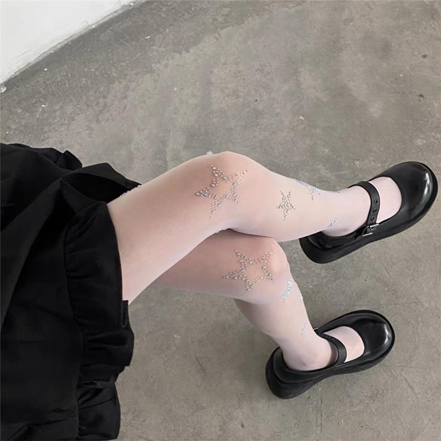 

Black White Transparent Diamond Star Printed Tights Rhinestone Bling Sexy Women Thigh High Stockings JK Lolita Cosplay Pantyhose One Size белый