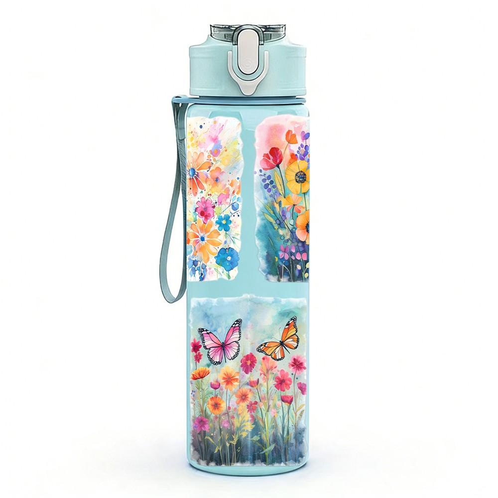 1PC Boho Mixed Wild Flower Pattern Print 750ml Color Plastic Sports Water Bottle Leakproof Flip Straw Lid Suitable for Sports Office Home Use