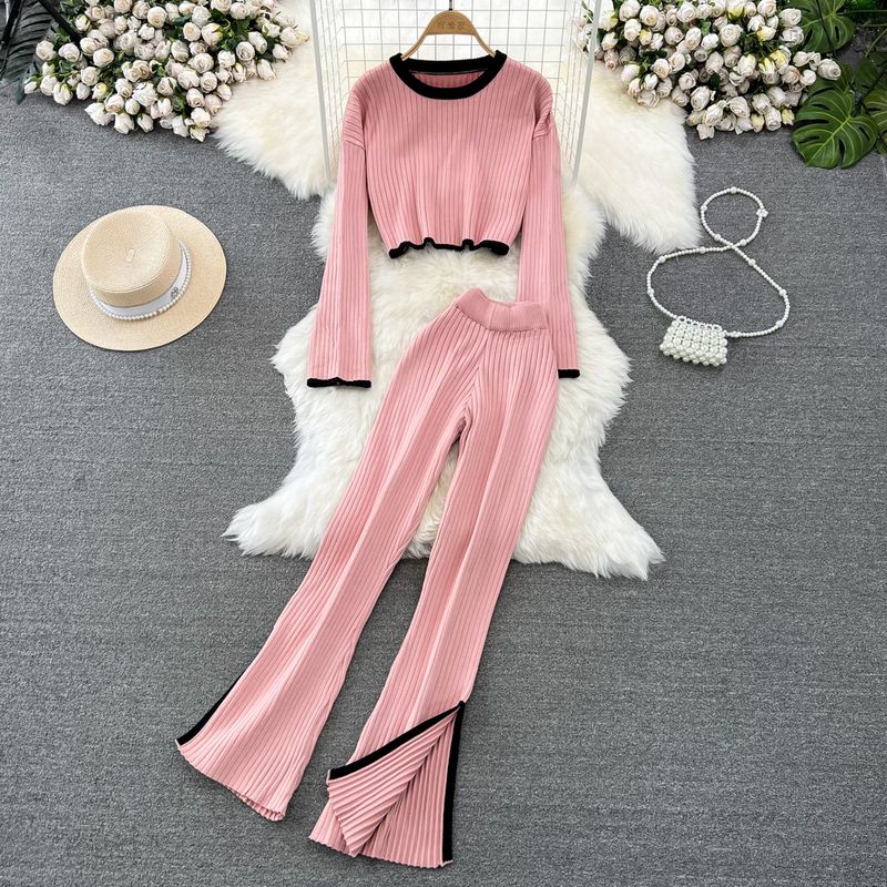 

K-style Contrast Color round Neck Knitwear Slit Fashionable Suit Pink All yards