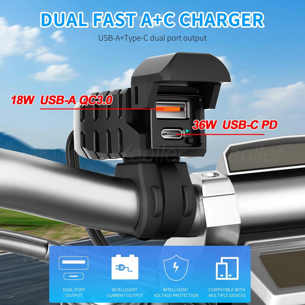 New QC3.0 Motorcycle USB Charger 12V Waterproof PD3.0 Port Socket Handlebar Quick Charger Adapter W/ Voltmeter Moto Accessories