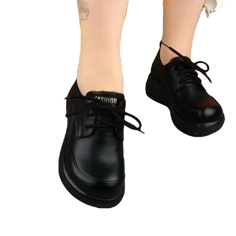 Single shoes women's round head lace-up muffin platform leather shoes autumn new casual versatile comfortable soft-soled shoes