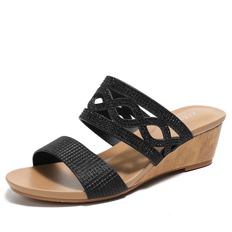 

Wedge heel one-word slippers women s shoes new wear non-slip beach Roman sandals 36 чёрный