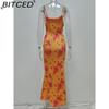 BITCED Spring Women's Fashion: Sensual Printed Strappy Waist-cinching Bodycon Maxi Halter Neck Dress
