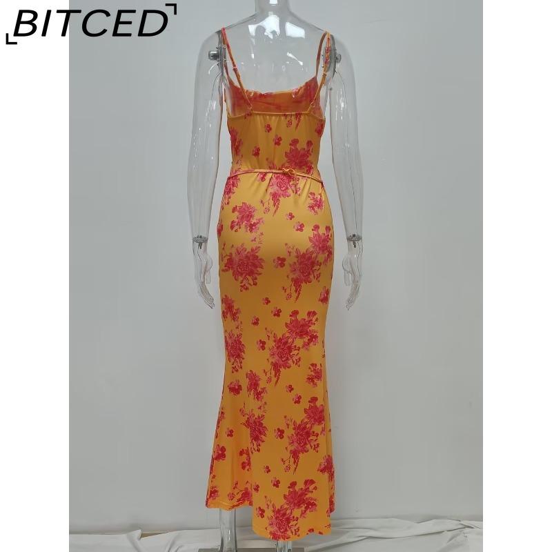 BITCED Spring Women's Fashion: Sensual Printed Strappy Waist-cinching Bodycon Maxi Halter Neck Dress