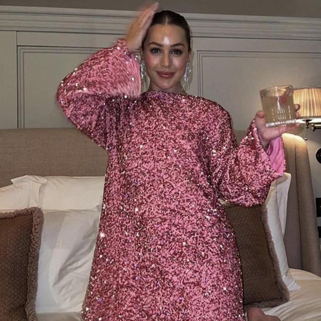 Rochie de damă cu paiete, mărime plus, largă, cu gât rotund și mâneci lungi, Toamnă/Iarnă 2023