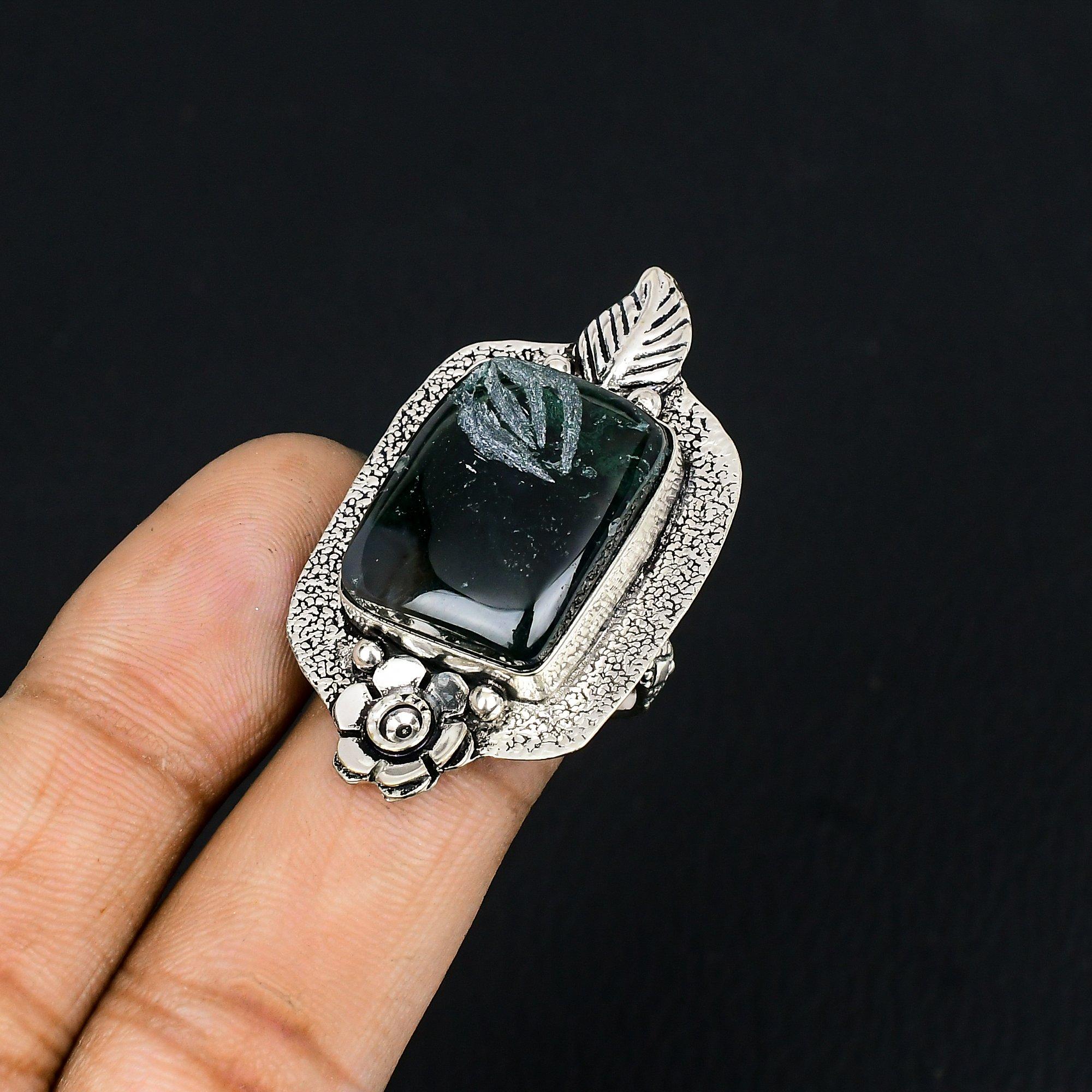 Radiant Solar Moss Agate Stone Promise Flower Ring Jewelry Sterling Silver US 7 7
