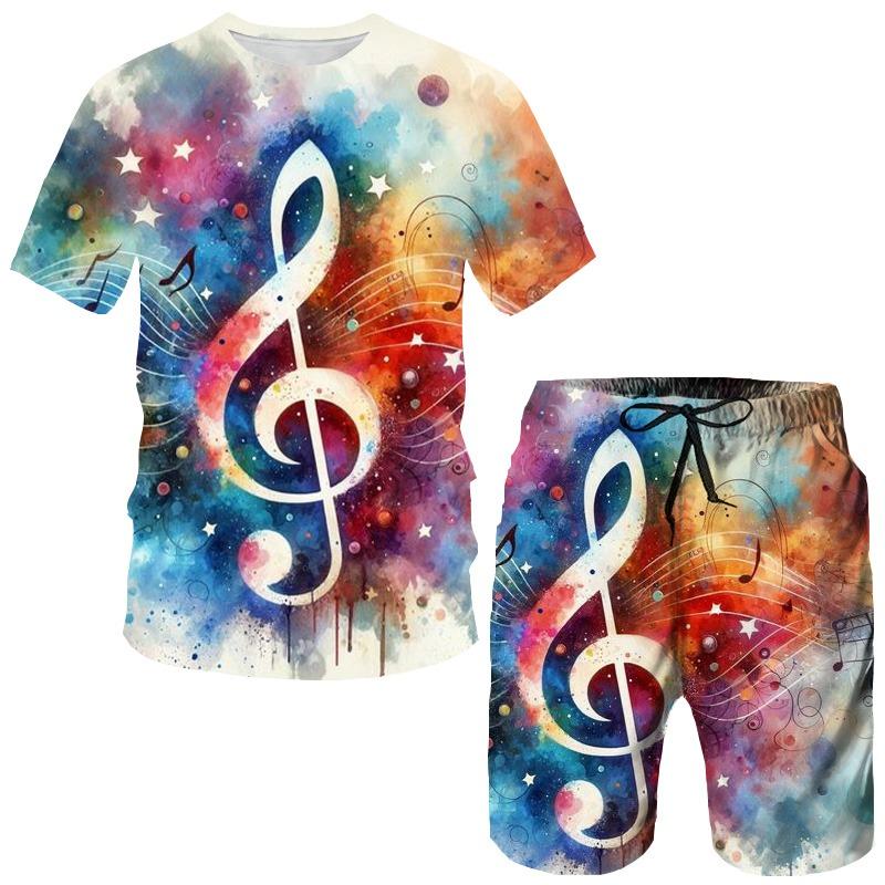 Music Note Pattern 3D Print Tracksuits Men's Women O-Neck Short Sleeve
