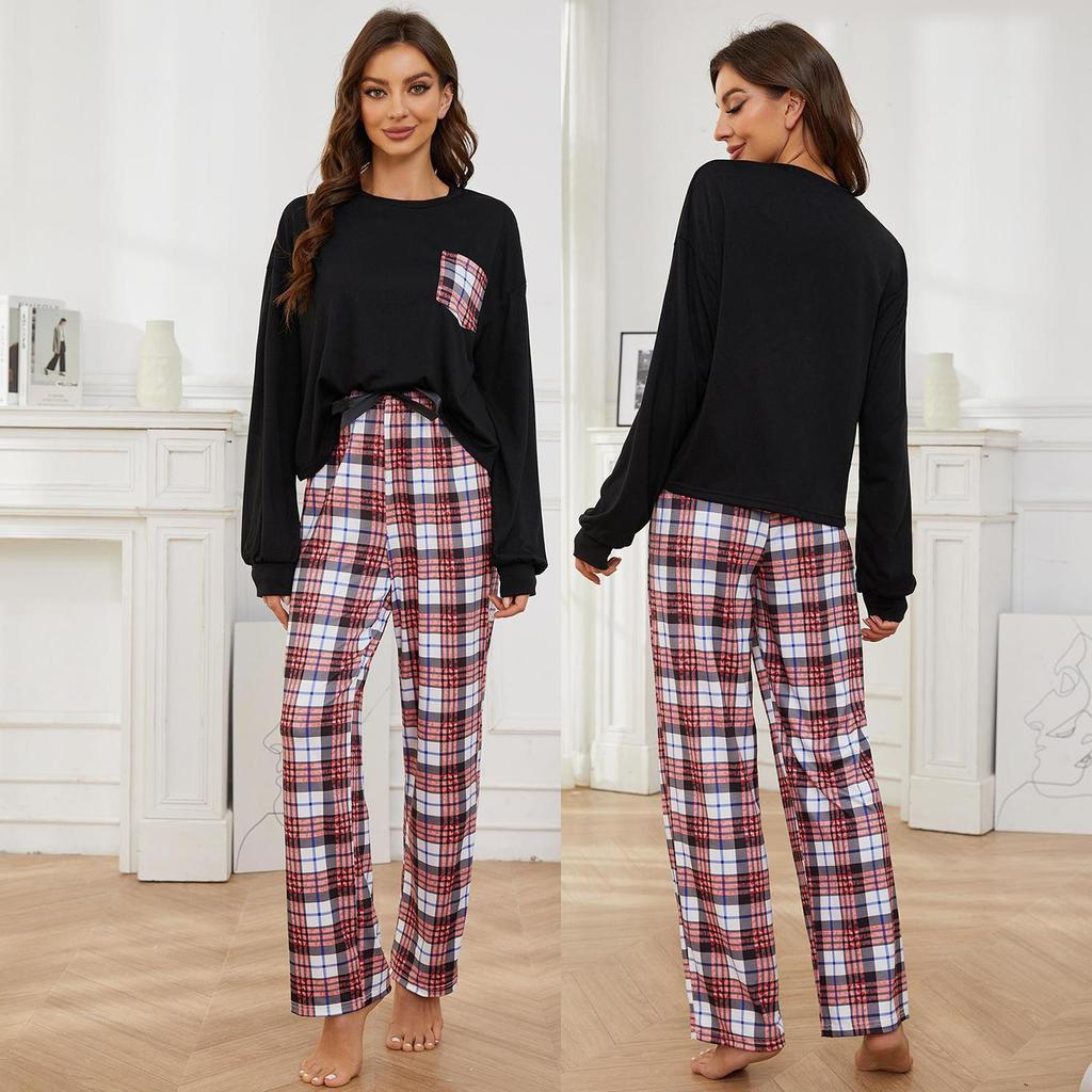 Pyjama 2 pièces pour femme, pantalon à carreaux, chemise à manches longues, vêtements de maison décontractés, printemps-automne
