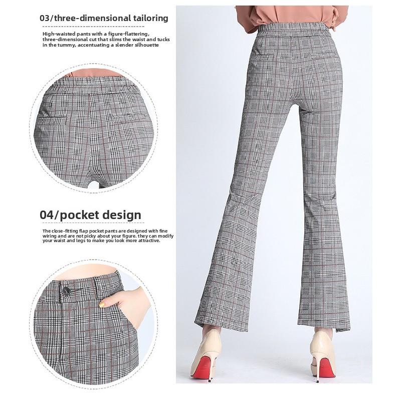 Plaid Flared Pants New Women's Nine-Quarter Pants 2026 Spring Elastic High-Waisted Slim-Fit Flared Pants with Slits