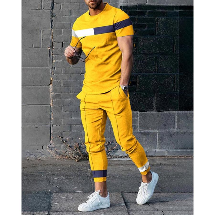 Fashion Men Trousers Tracksuit Stripe Printed Jogger Sportswear Short Sleeve T Shirt +Long Sweatpants 2 Piece Sets Men Clothes