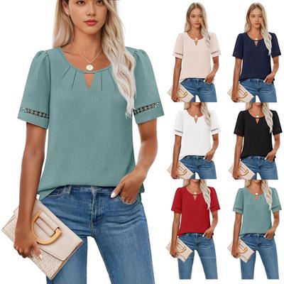 Round Neck Lace Up Short Sleeve Solid Color Hollow Women's T-shirt Street Versatile Elegant Commuter Summer Top