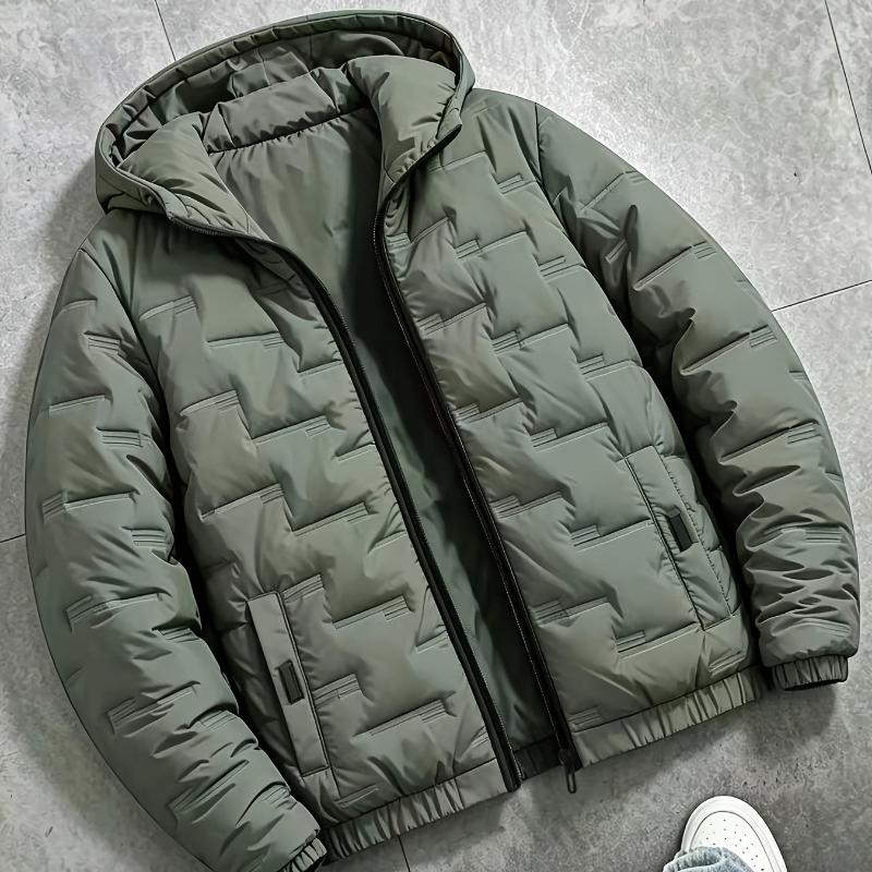 Veste à capuche épaisse et chaude pour homme, Manteau d'hiver matelassé géométrique rembourré avec poches zippées et poignets élastiques pour l'extérieur, les voyages et le quotidien