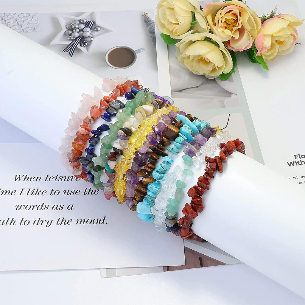 12 Pcs Natural Gemstone Chakra Bracelets For Women Crystal Chip Gemstone Stretch Bracelets Tumble Polished