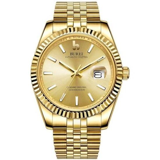 BUREI Mens Wristwatch Automatic Mechanical Waterproof Analog Male Popular Business Date Brand Gold Stylish Simple Luminous Watch