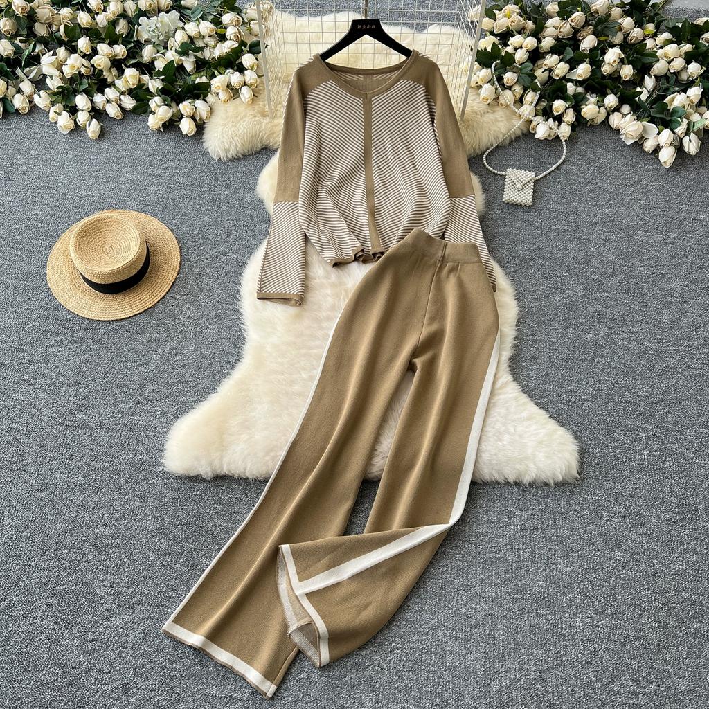 Autumn Winter Women Casual Striped Knitted Sweater Trouser Two Piece Set V-neck Pullover Tops and Wide Leg Pant Tracksuit