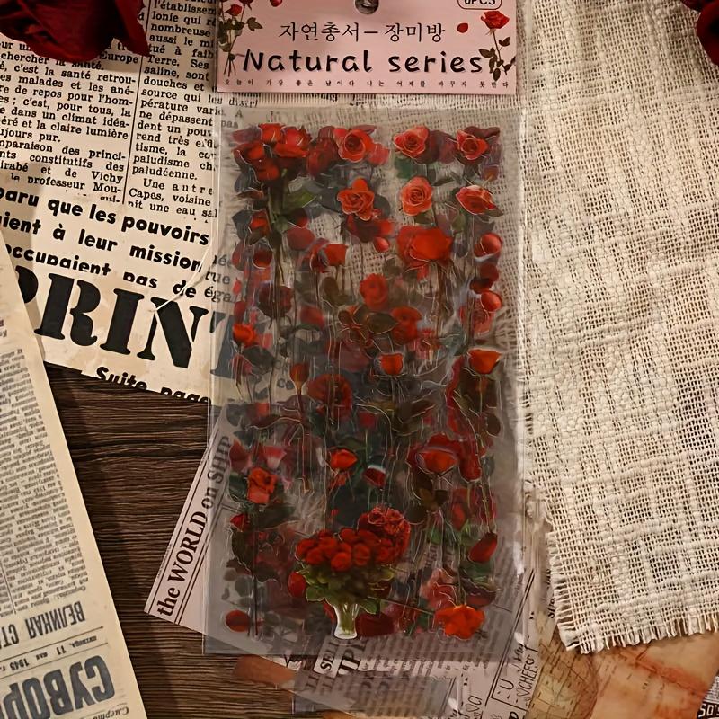 6 pcs/Pack Red Rose Flower PET Stickers Decorative Scrapbooking Collage Junk Journal Supplies Diary Album Craft Card DIY Label