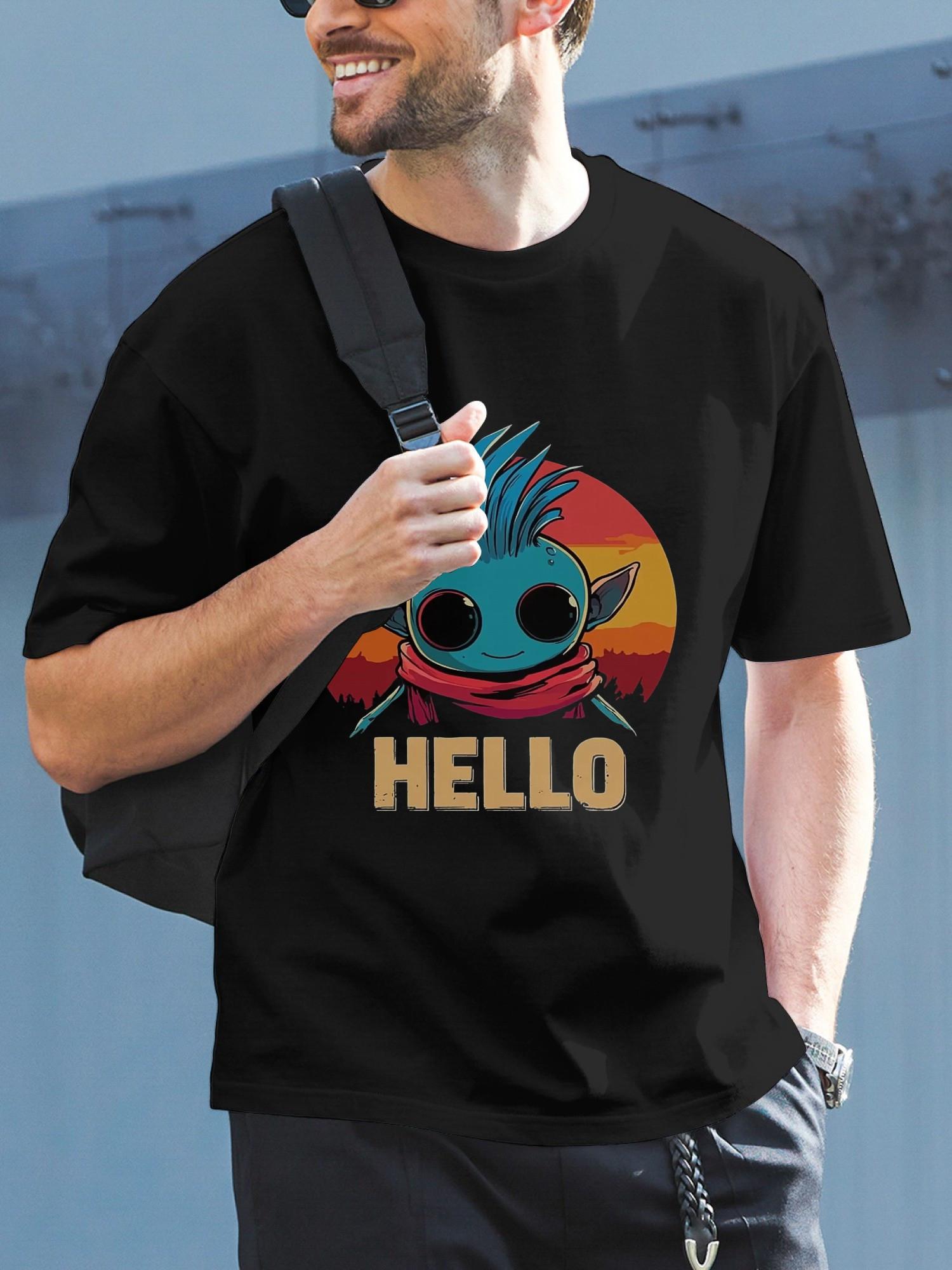 Vintage Alien Cartoon Sunset Graphic T-shirt - 180g Cotton Crew Neck Short Sleeve Tee with Retro  HELLO  Print M