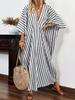 Women's Deep V Neck Short Sleeve Maxi Dress Loose Fit Striped Casual Vacation Long Dress