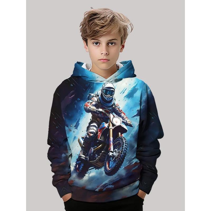 Dětská mikina s kapucí, motokros, závodní, 3D potiskem, ležérní, s dlouhým rukávem, polyesterová, sportovní, svetrová, dětské oblečení