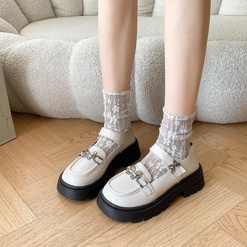 Metal Butterfly Small Leather Shoes Women's Spring and Summer Round Toe Shallow Mouth One Strap Platform Mary Jane Single Shoes