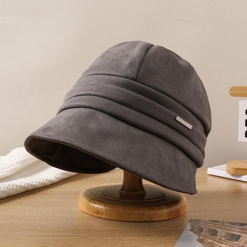 Hat Women's Autumn and Winter New Metal Standard Suede Cap Big Head Circumference Versatile Bucket Hat Shows a Small Face
