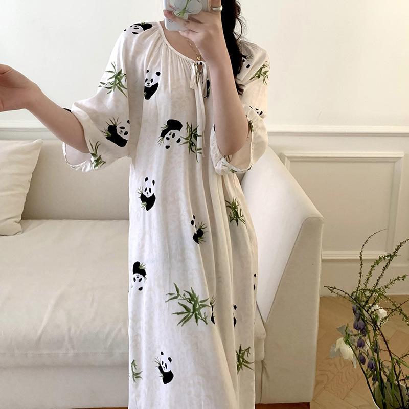 1011 new cotton and silk nightdress women's summer short-sleeved pajamas cartoon pony element long loose cotton silk skirt can be worn outside
