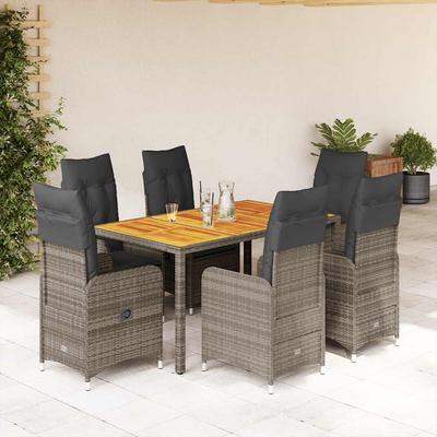 Vidaxl 7-Cz. Bistro Furniture Set with Cushions, Grey, Poly Rattan