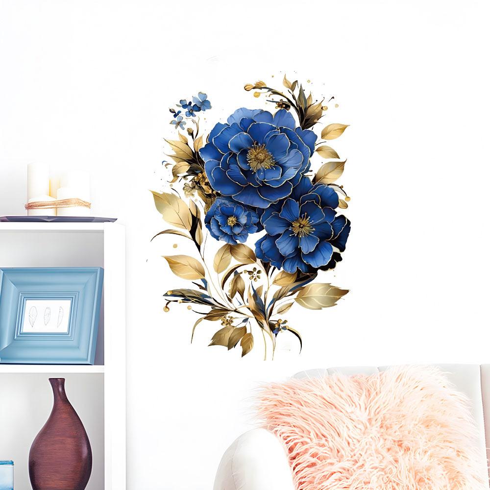 Self-adhesive Gorgeous Blue Peony Wall Stickers Large Flowers for Dining Room Accent Wall Home Decor
