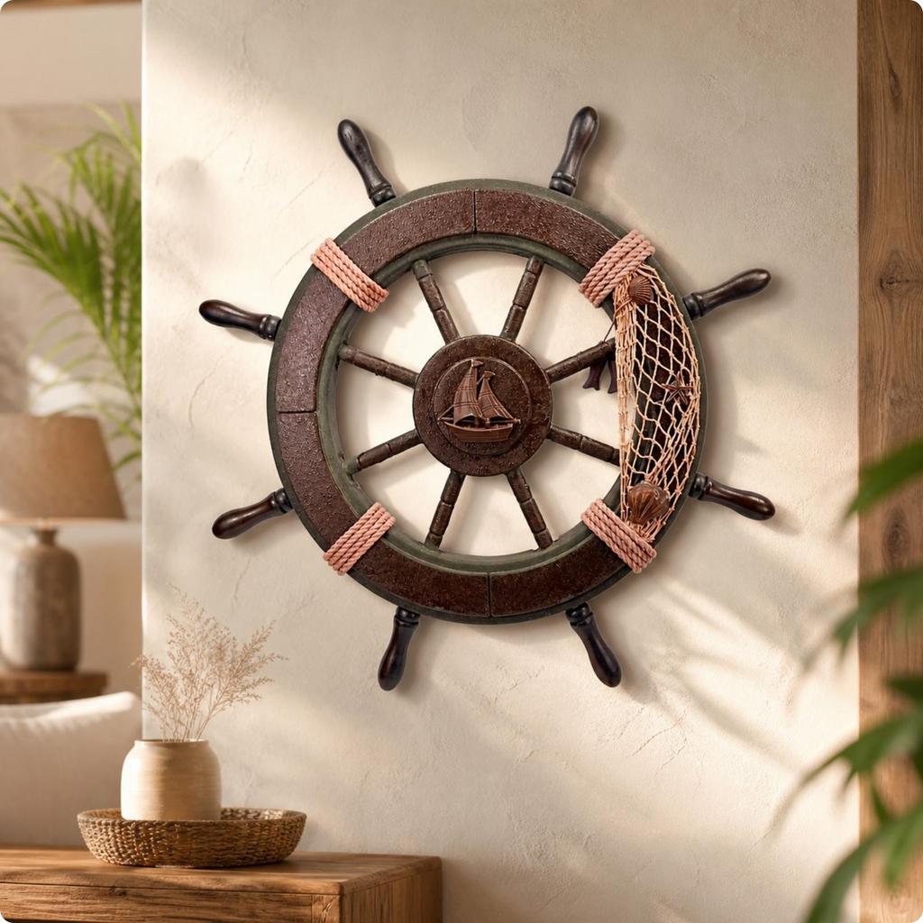 Ship Wheel Wall Decor Seafaring Wooden Hanging Weathered for