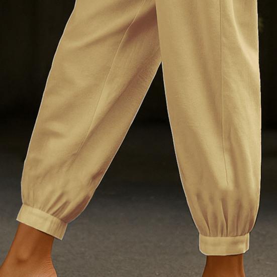 Women Casual Pants Elastic Mid-rise Wide Leg Ankle-Tied Design Long Trousers with Pockets Pure