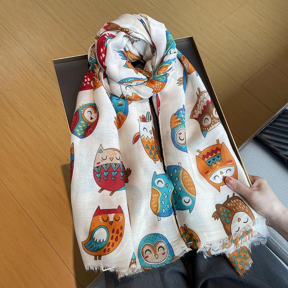 

Autumn Lovely Animal Owl Pattern Viscose Shawl Lady High Quality Soft Wrap Pashmina Stole Bufandas Muslim Hijab 180*90Cm